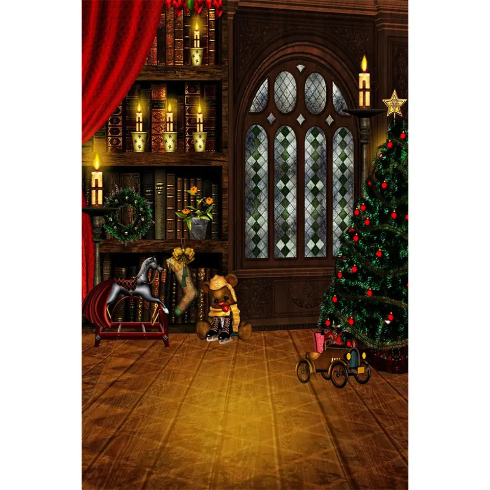 

Christmas Tree Study Bookshelf Interior Photography Backdrops Custom Children New Year Party Decoration Photo Booth Backgrounds