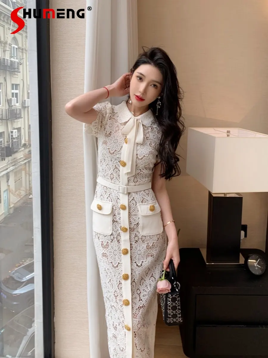 

Женское платье с водорастворимым кружевом, элегантное кружевное платье во французском стиле с коротким рукавом и воротником-бантом, лето