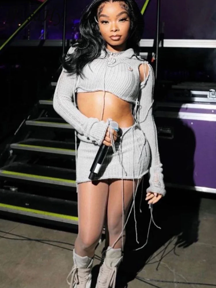 

JusaHy Women New Y2K Hot Knitted Two Pieces Set Streetwear Short Hooded Long Seleeves Vest Tops & Hem Skinny Mini Skirt Suit