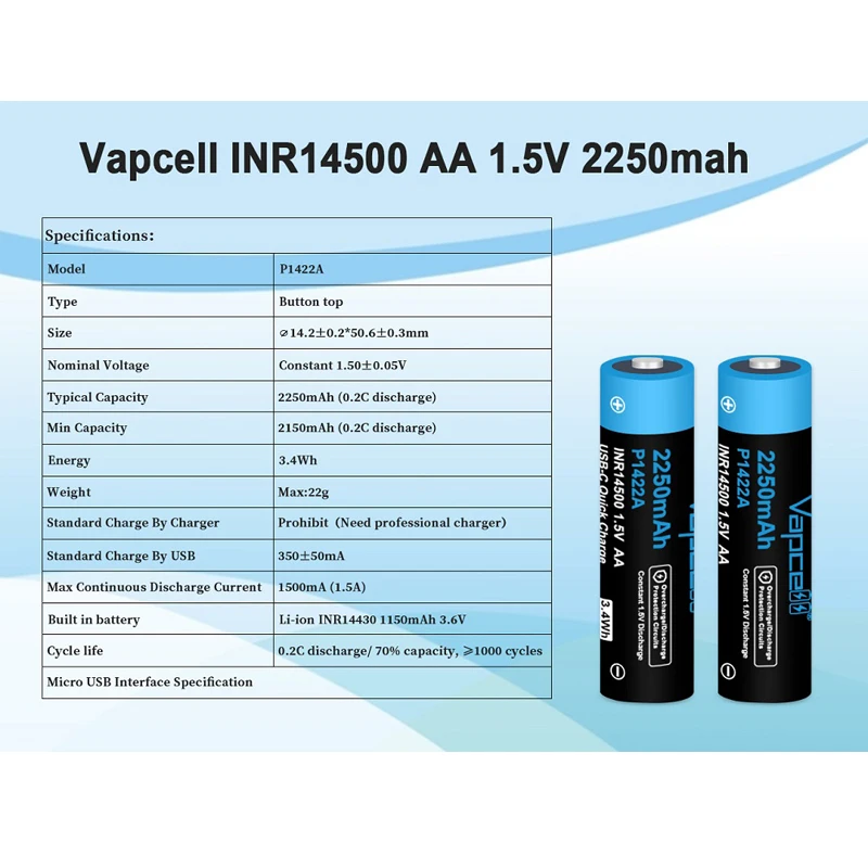 Аккумуляторная батарея Vapcell INR14500 2250 мАч AA P1422A 1 5 в 14500 USB 1-6 шт.