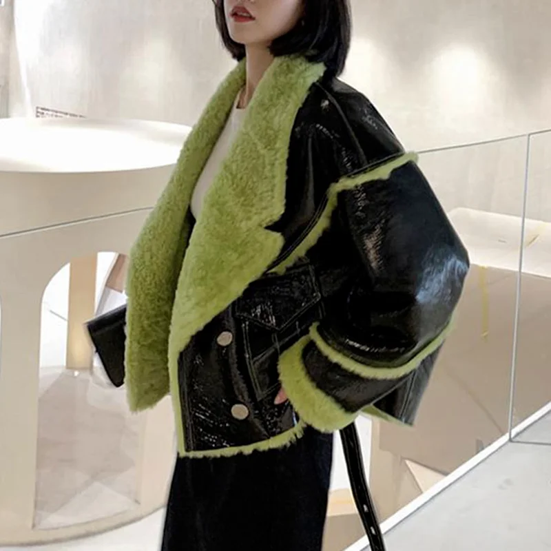 Parka Thick Women Coat Plush Splicing Faux PU Leather Biker Jacket Short Ladies Fashion 2021 Winter Loose Warm Outwear Female