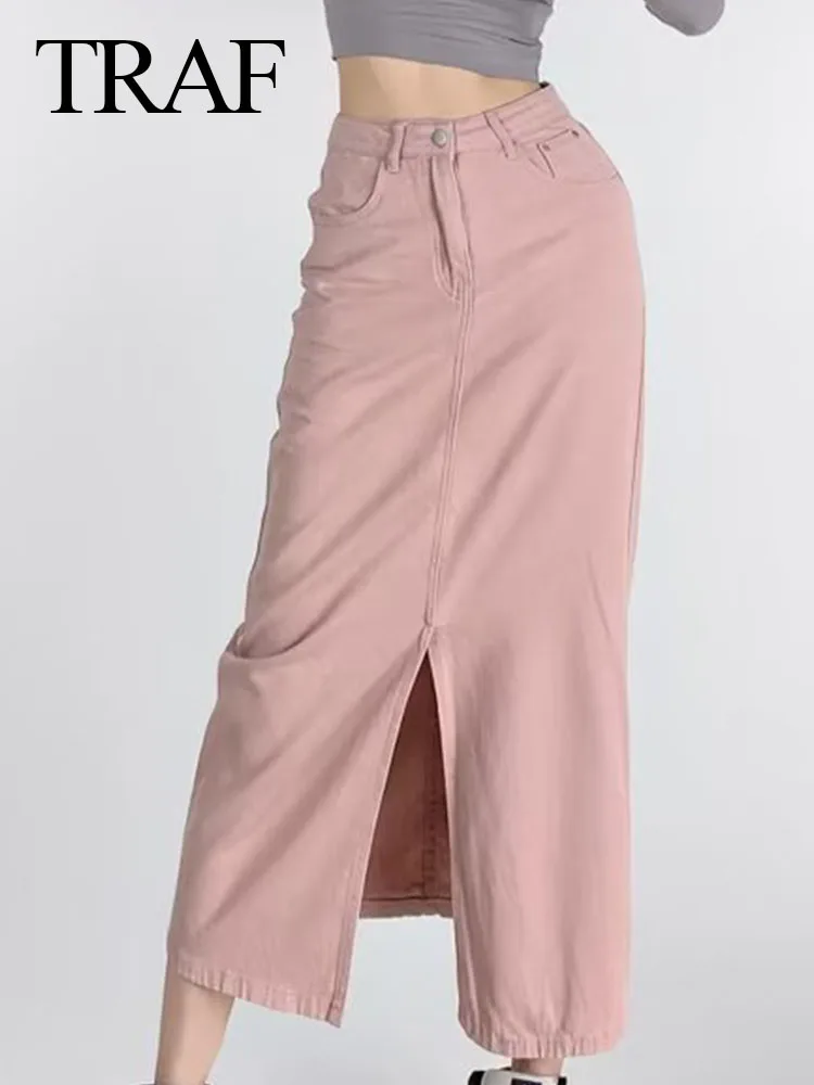 

TRAF Fashion Women Elegant Casual Zipper Pockets Button Decorate Pink Denim Skirt Female Chic Hem Slit A Line Slim Long Skirts