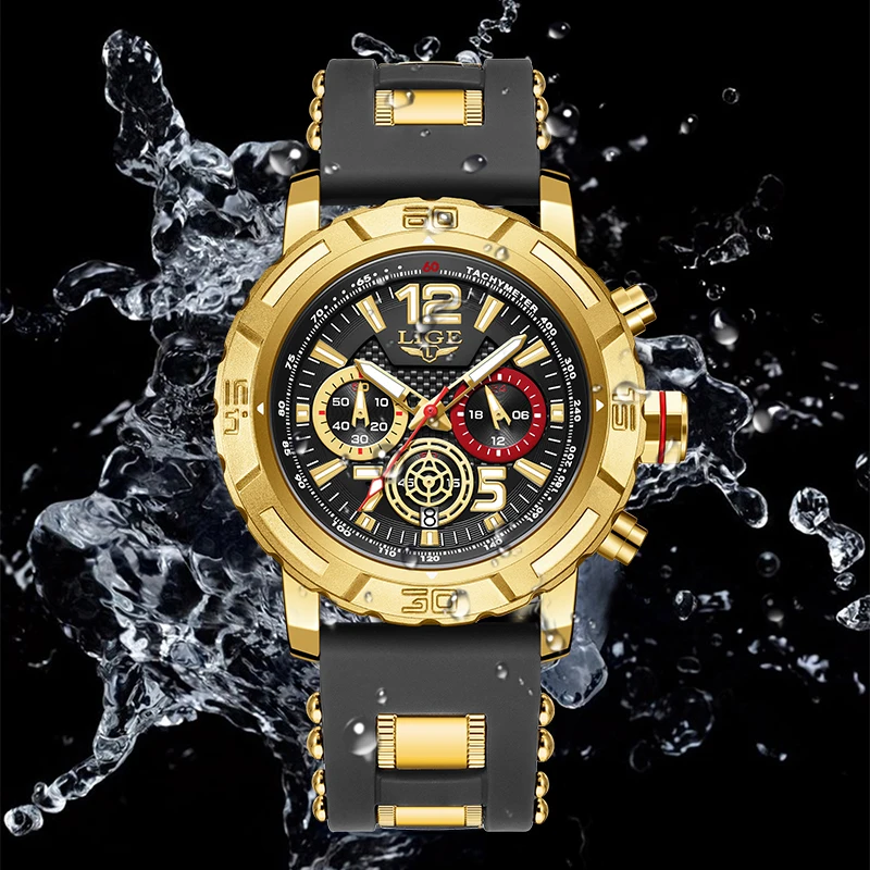 Фото Мужские кварцевые часы LIGE Fashion Outdoor с HD-дисплеем, светящимся циферблатом, водонепроницаемые, с календарем, на силиконовом ремешке, для мужчин, повседневные, спортивные, военные часы №4