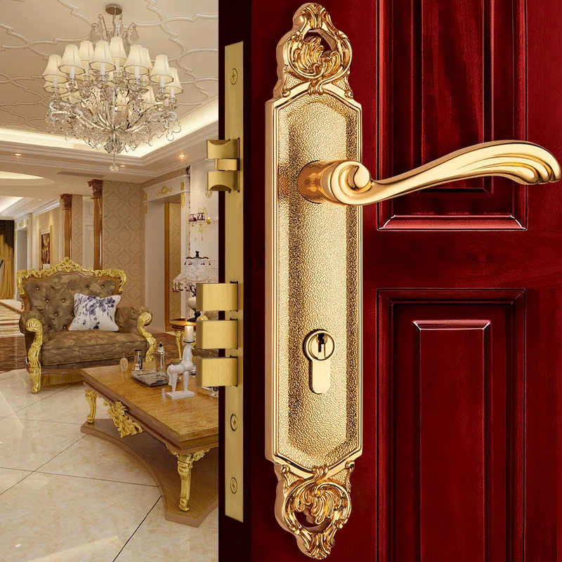 

Europen Golden Entrance Doors Lockset Solid Brass Gate Lock Golden Interior Wood Door Handle Locks Rose Golden Bedroom Bookroom