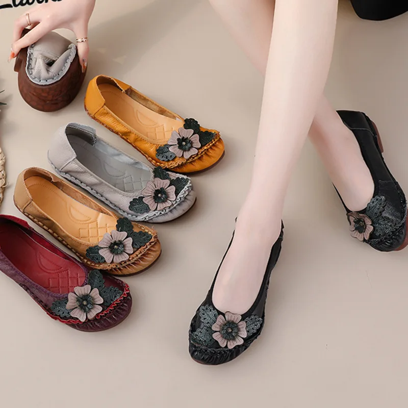 Xiuteng 2023 spring new ethnic style leather flower single shoes casual flat women's shoes middle-aged elderly mother's shoes