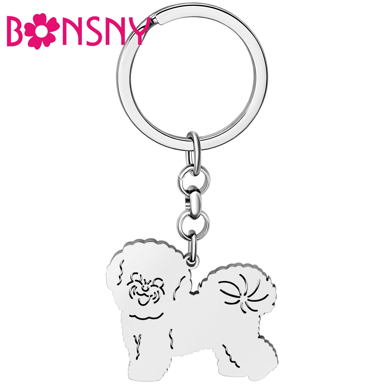 

Bonsny Stainless Steel Silver-plated Bichon Dog Key Chains Keychains Pet Animals Keyring Fashion Jewelry For Women Friend Gifts