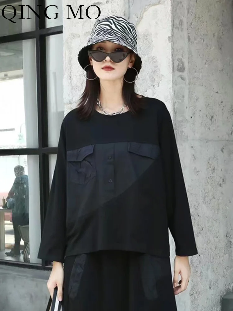 

QING MO 2023 Spring Autumn New Long Sleeve T-shirt Women Splicing Fashion Loose Solid Round Neck Cool Wind Top ZXF504