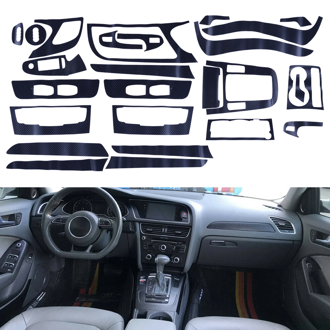 Interior Decoration Gear Panel Window Control Switch Sticker Kit Fit For Audi A4 B8 4 Door 2009-2016 3D Carbon Fiber Style Vinyl