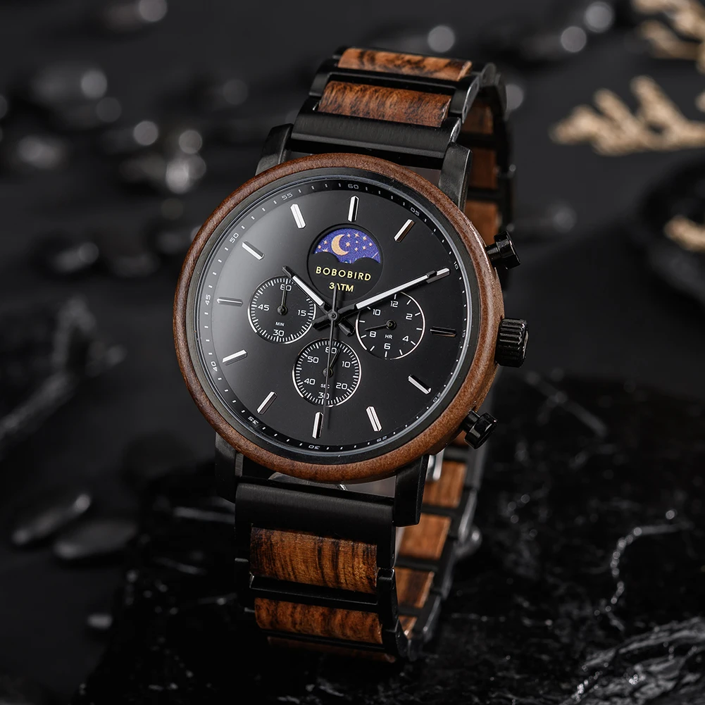 

BOBO BIRD Wood Watch New Fashion Business Men Quartz Wristwatch Multi-function Moon Phase Watch Clock Custom Great Gift Box