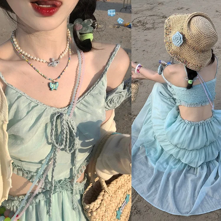 [Alittle Mess] Mint Original Rose Brooch Waist- Backless Long dress + Cardigan Autumn