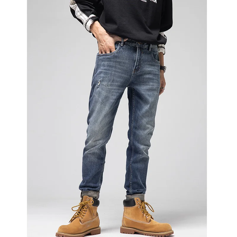 Men's Wear European and American High Street Retro Slim Stretch Blue Jeans Small Straight Casual Pants Autumn and Winter Female