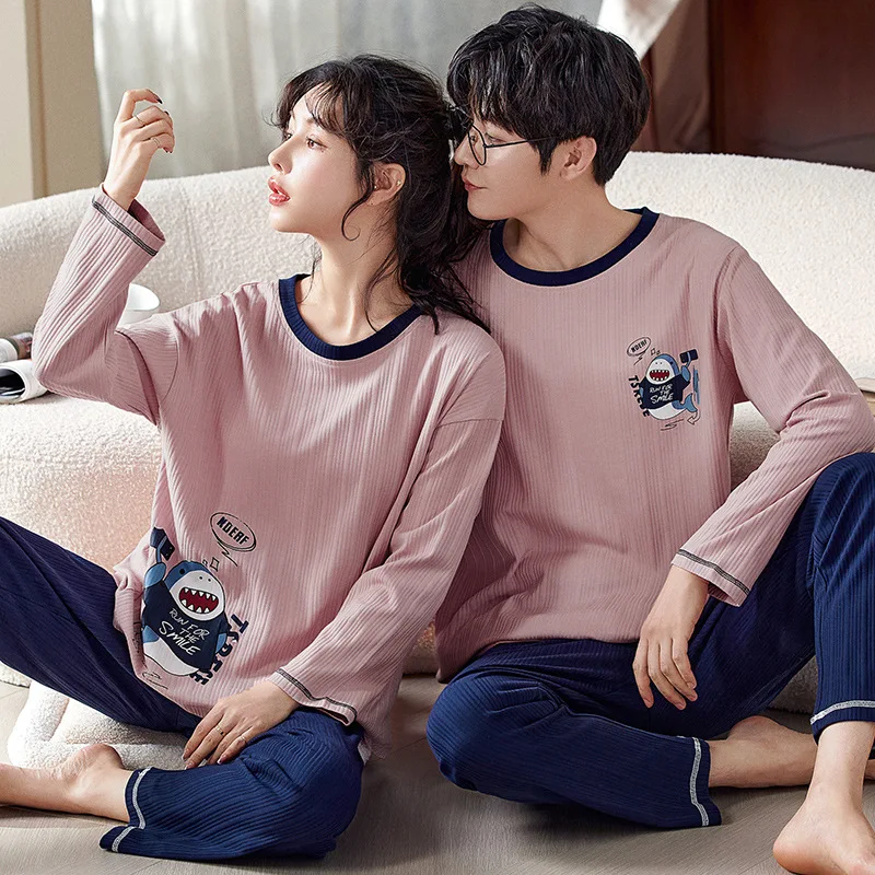 Couple Pajamas Women's Long-sleeved Korean Version Solid Color Cotton Cute Men's Simple Lovers Homewear Household Pijamas Women