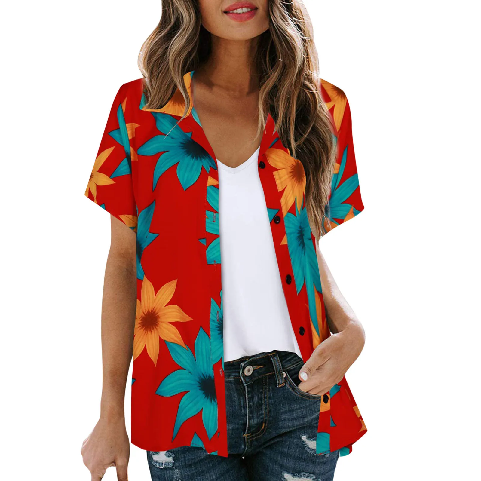 

Wear Floral Out V Womens Shirts Neck Going Tops Down Blouses Sleeve Short Button Women Shirts V Neck White Tee for Women