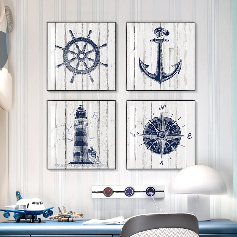 

Nautical Nursery Wall Art Canvas Painting Navy Pictures Anchor Compass Lighthouse Posters Prints for Boys Living Room Home Decor