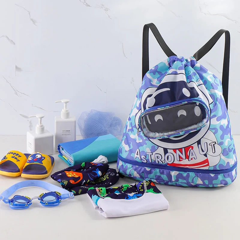 Kids Waterproof Swimming Backpack Boys Girls Beach Swimming Pool Dry Wet Separation Storage Bag Adjustable Drawstring Sports Bag