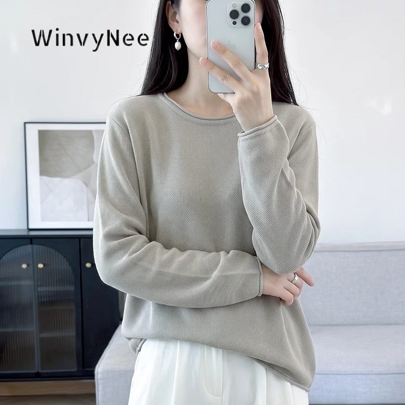 Фото Женский вязаный топ WinvyNee, 100% хлопок, круглый вырез, длинный рукав, свободный крой, приятный к телу, универсальная базовая одежда, повседневный стиль, модель ZA1002054. №3