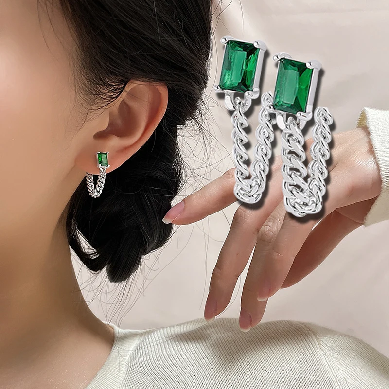 

SHARK 925 Sterling Silver Square Green Stud Earrings for Women’s серьги Vintage Tassel Chain Party Jewelry Accessories