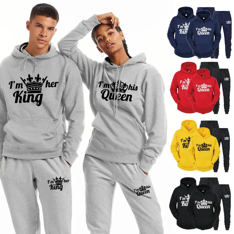 

Lover Tracksuit Hoodies Printing QUEEN KING Couple Sweatshirt Plus Size Hooded Clothes Hoodies Women Two Piece Set