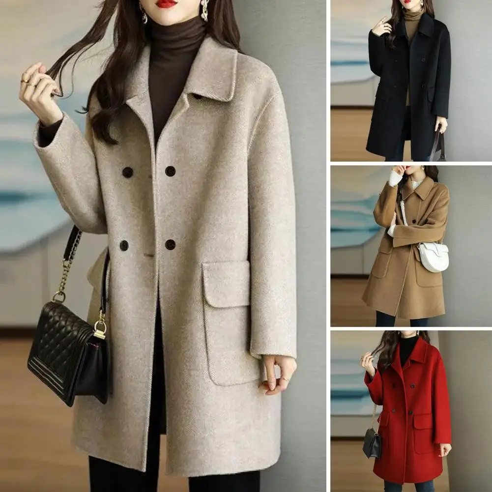 

Женское пальто с карманами, дизайнерское длинное пальто, однотонное модное женское зимнее шерстяное пальто средней длины, декоративное
