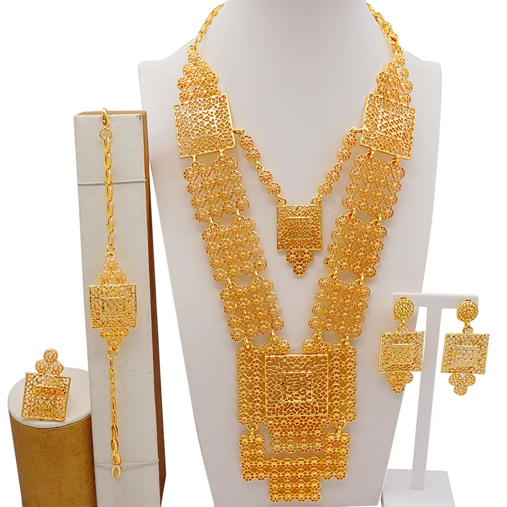 

African Dubai Gold Color Long Tassel Necklace Jewelry Set For Women Bohemia Wide Necklace Bracelets Earrings Bridal Jewellery