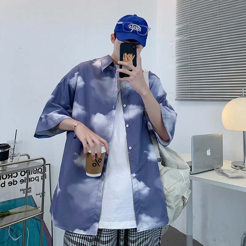 Summer Flower Shirts Men Fashion Ice Silk Printed Casual Shirts Men Korean Style Loose Short Sleeve Shirts Mens Hawaiian Shirts