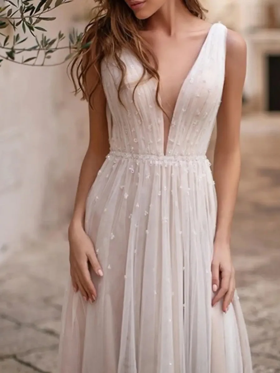 

3D Flowers Pleat Backless Wedding Dress A-Line V-Neck Sleeveless Country Bridal Gown