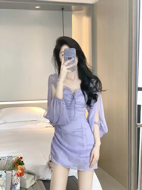 Purple Fairy One Shoulder Dress Women New Summer Dress Waist Design Chiffon Ruffled Gauze Skirt Bag Hip Skirt Women Clothing 3