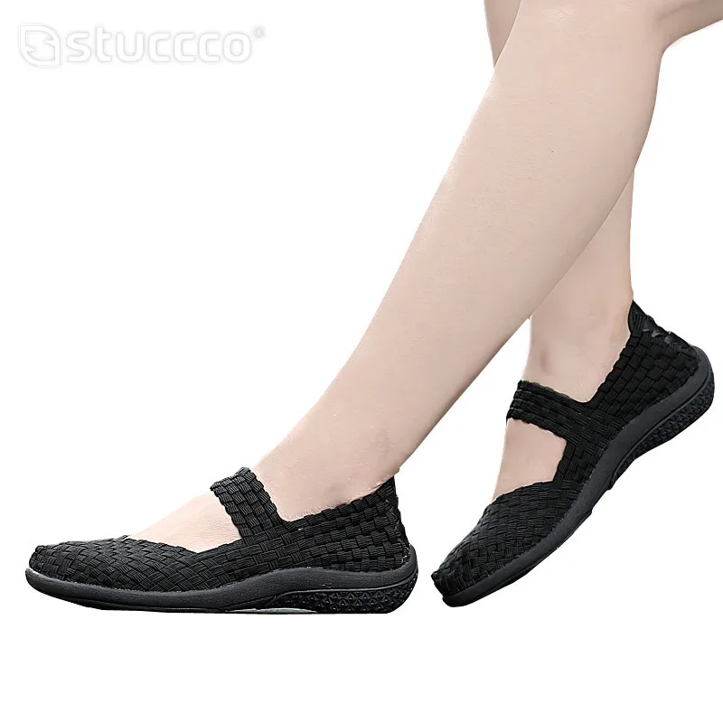 Yeni yaz kadınlar Mary Janes rahat el yapımı dokuma naylon ekose yuvarlak ayak rahat sığ daireler ayakkabı bayan