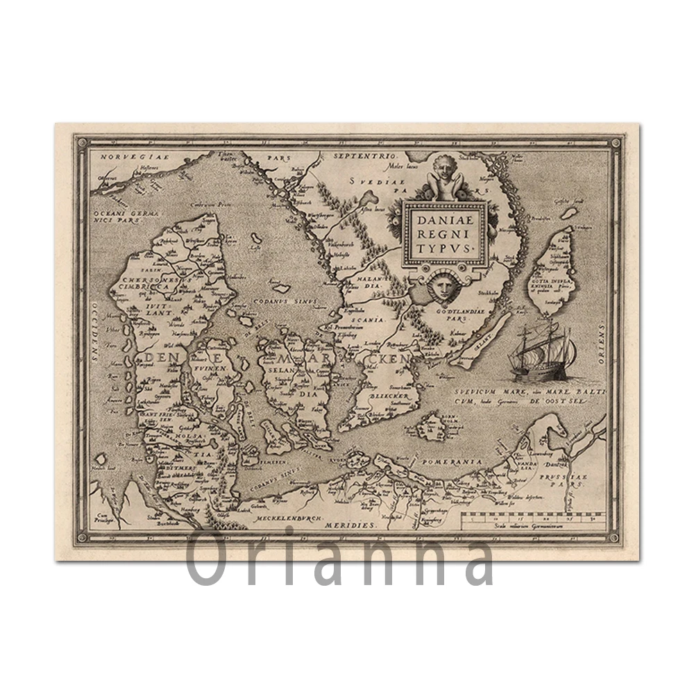 1570 винтажная Дания Швеция Германия карта старой Европы искусство на стене печать