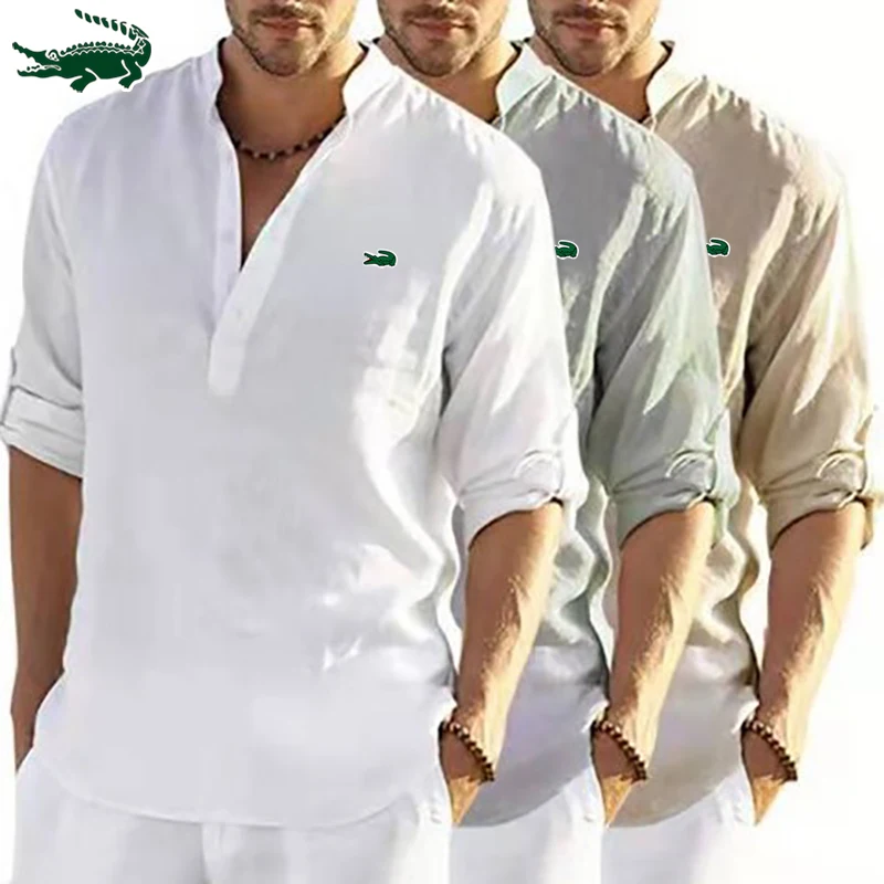 

High quality men's spring/summer new long sleeved cotton linen shirt business casual loose fitting T-shirt shirt top S-4XL