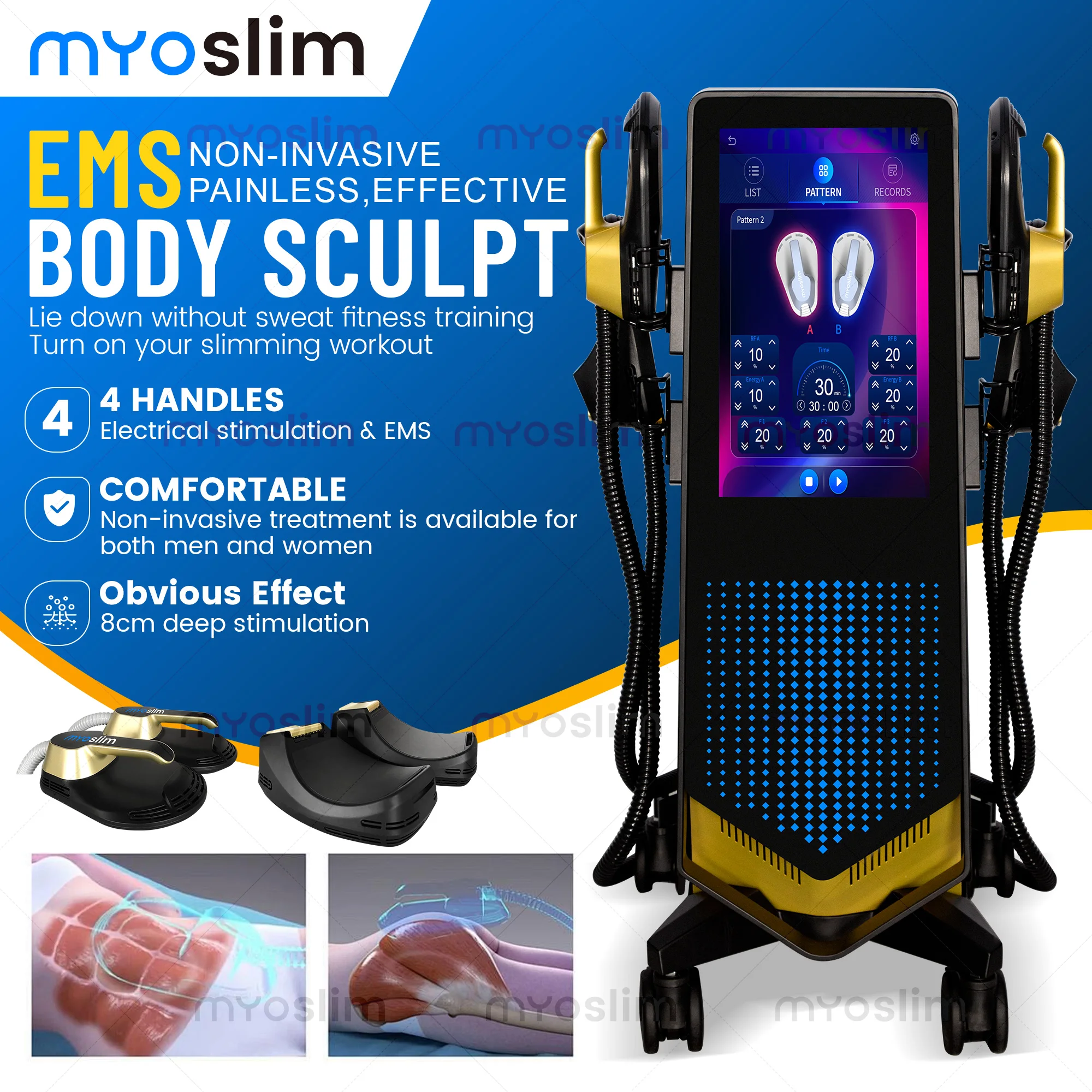 Фото HIEMT EMS MYOslim 6500 Вт Высокоинтенсивный радиочастотный электромагнитный вибрационный массажер для фитнеса и тренировок мышц. №4