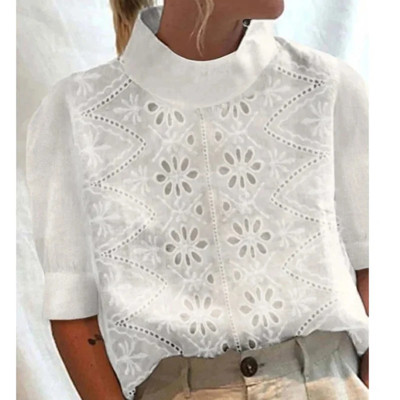 

Summer White Lace Cotton Blouse Vintage Elegant Half Turtleneck Women Hollow Shirts Casual Clothes Loose Puff Sleeve Tops 26583