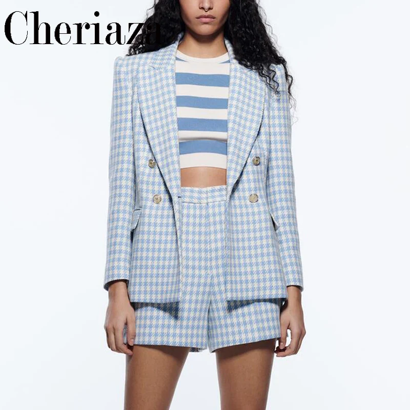 Женский офисный костюм из двух предметов синий двубортный блейзер с рисунком