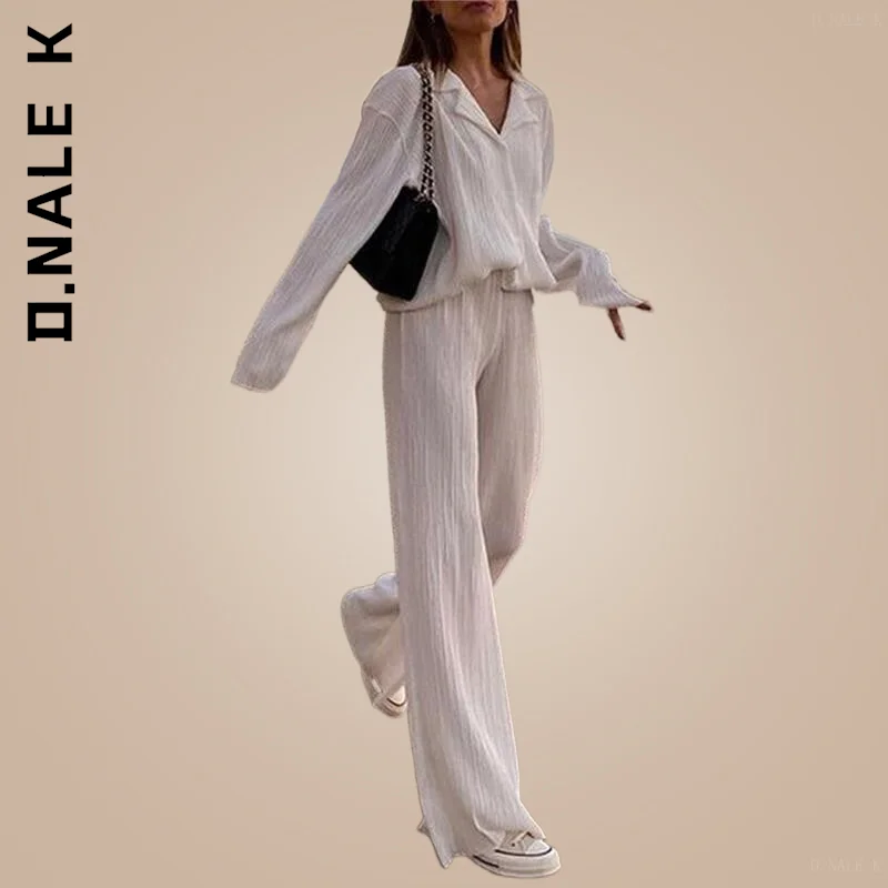 

D.Nale K Women Elegant Pleated Two Piece Set Loose Long Sleeve Blouses And High Waist Wide Leg Pants Suit Female Casual Outfits