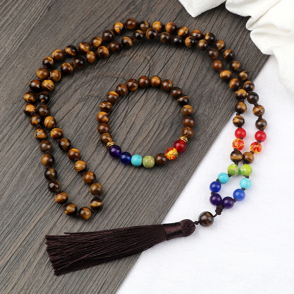 

New Arrival Natural Tiger Eye Chakra Tassel Pendant Necklace&Bangles Set Handmade Onyx Bead Couple Bracelet Yoga Healing Jewelry