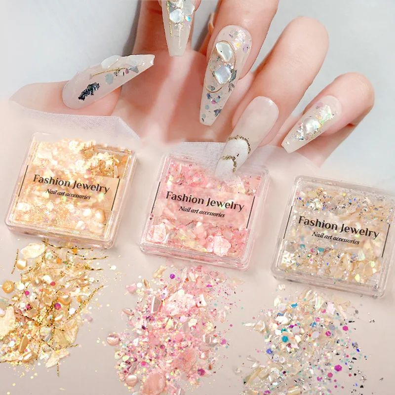 

1 Box Laser Nails Art Shell Sequins Nail Glitter Powder DIY Pearl Flashing Nail Jewelry 3D Gradient Flashing Nail Accessories
