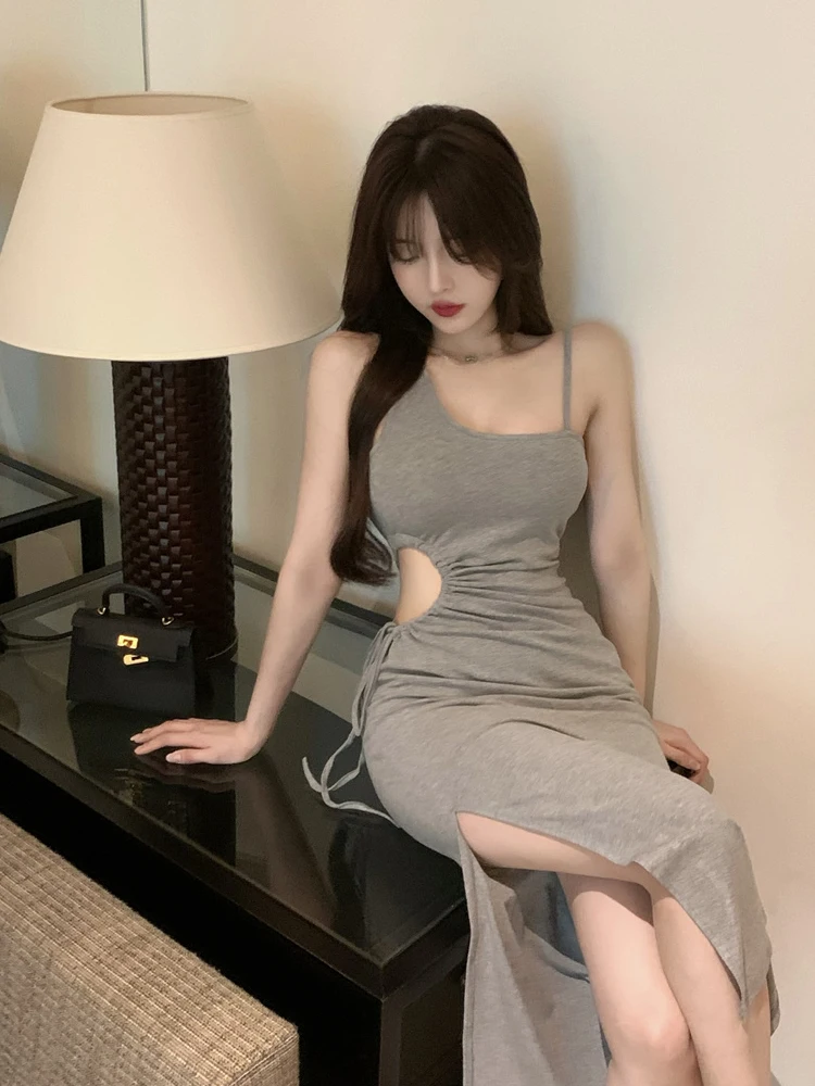 

Summer New Sexy Temperament Hollow Out Dresses Diagonal Collar Backless Sleeveless Babes Mid-length Camisole Dress For Female