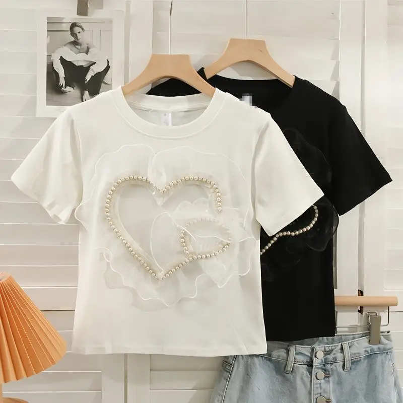 

2023 Summer Korean Style Loose Beaded Short Sleeve Tees Flounce Patchwork Solid Fashion Top Oversized T Shirt Y2k Crop Top