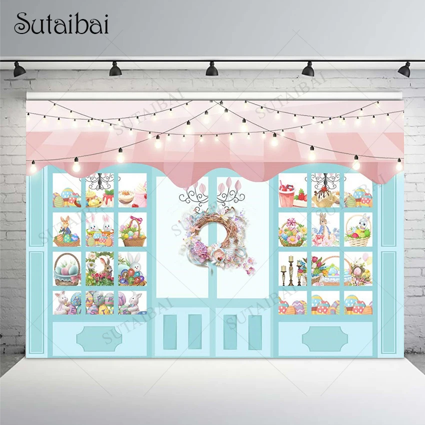 

Spring Easter Photography Backdrop Rabbit Theme Shop Flower Garland Eggs Decoration Newborn Baby Child Shower Photo Studio Props