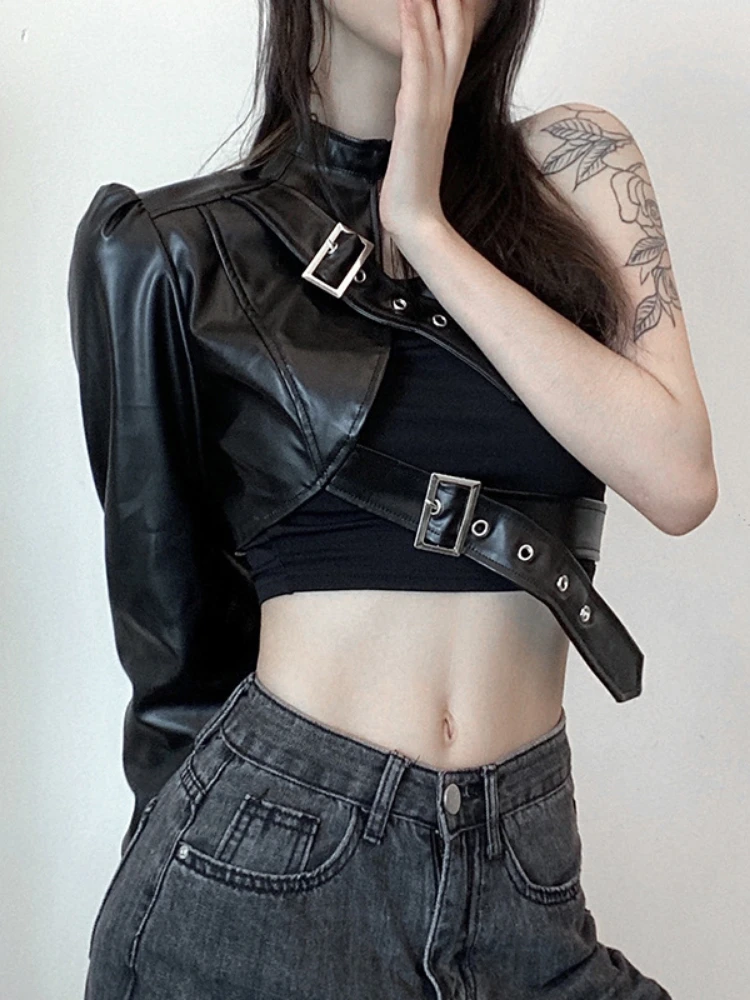 

Gothic Black PU Leather Jacket Women One Shoulder Halter Buckle Hip Hop Outfits Fashion Streetwear Cropped Jackets Solid