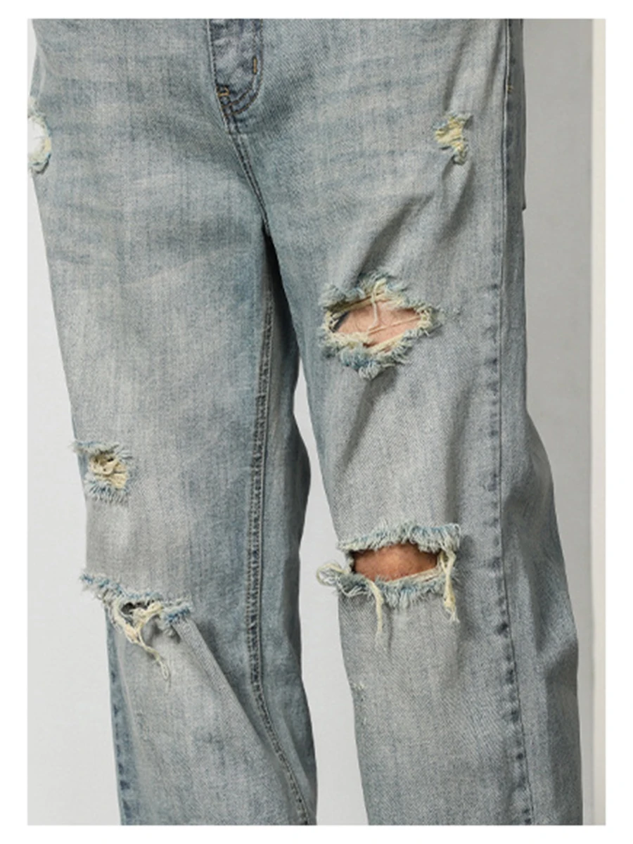 Trendy Ripped Jeans Men's Straight-leg Distressed Denim Trousers Teen Retro Korean Ripped Streetwear Men's Ins Hot Selling Denim