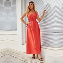 Robe rouge élégante pour femmes, col rond, ample, longueur cheville, décontractée, manches courtes, ceinture à lacets, nouvelle collection printemps 2022  (4)