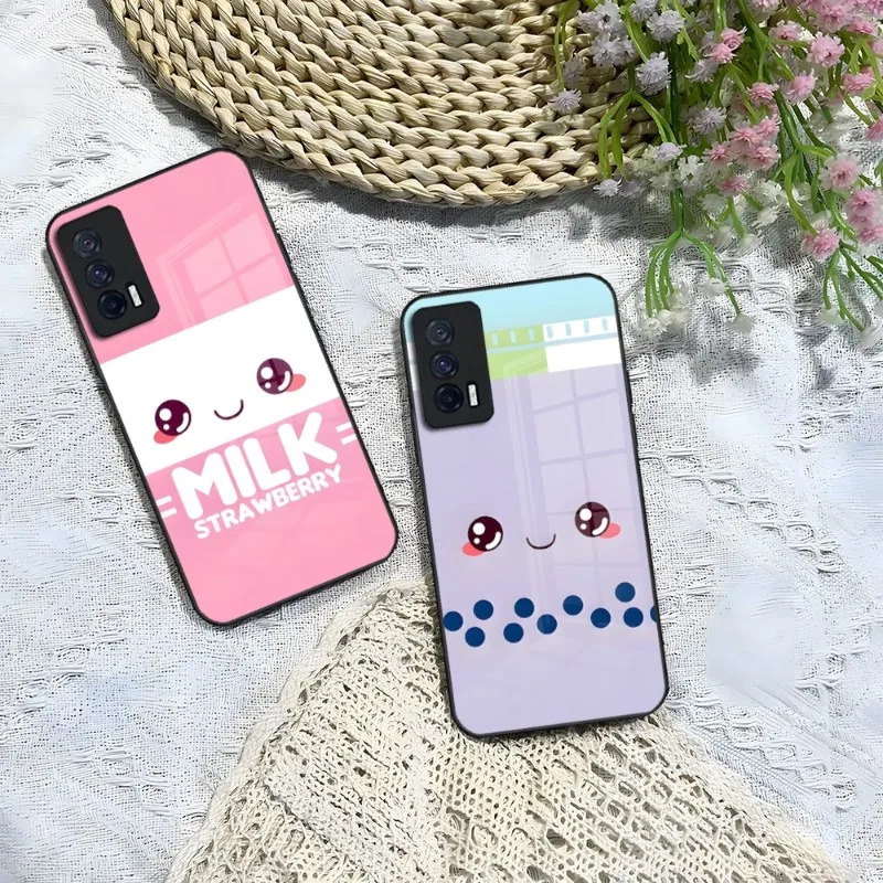 Soy Milk Carton Bubble Tea Phone Case For Vivo LQOO Z3 9 U5 8 Pro Y30 Y55s Y73 S9 S10 X70 Y31s X60 S12 Back Tempered Glass Cover