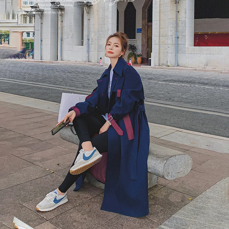 Женская Длинная ветровка повседневная куртка темно-синего цвета с прострочкой