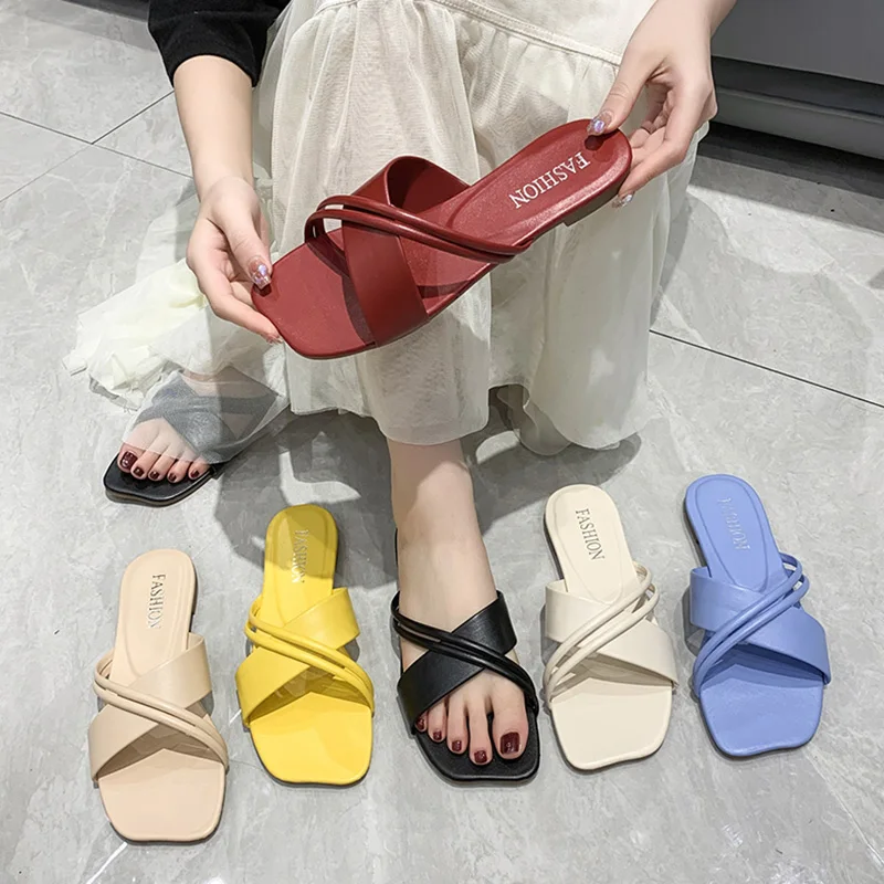 

Shoes Summer Clogs Woman Slippers Soft Slides Pantofle Low Cross-Tied Fashion Square Toe Beach Comfort 2023 Luxury Flat Basic PU