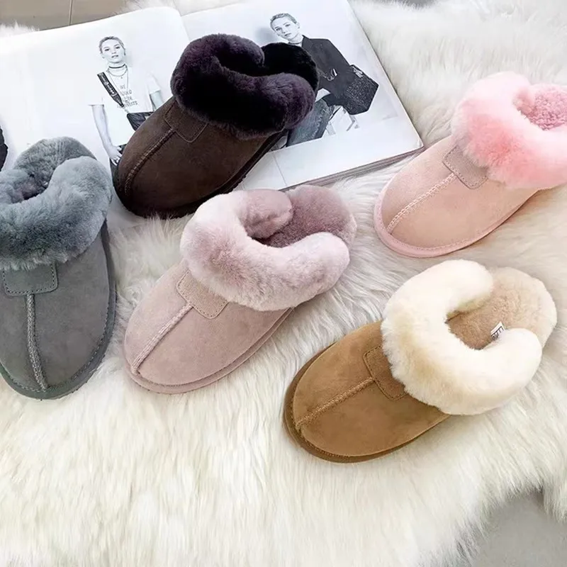 

Women Natural Sheepskin Fur Slippers Fashion Female Winter Non-slip Warm Indoor Soft Wool Home Shoes Size 35- 44