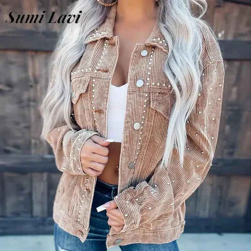 

Женское вельветовое пальто в стиле ретро, модный Свободный кардиган с отложным воротником и шипами из ивы, Повседневная однобортная Женска...