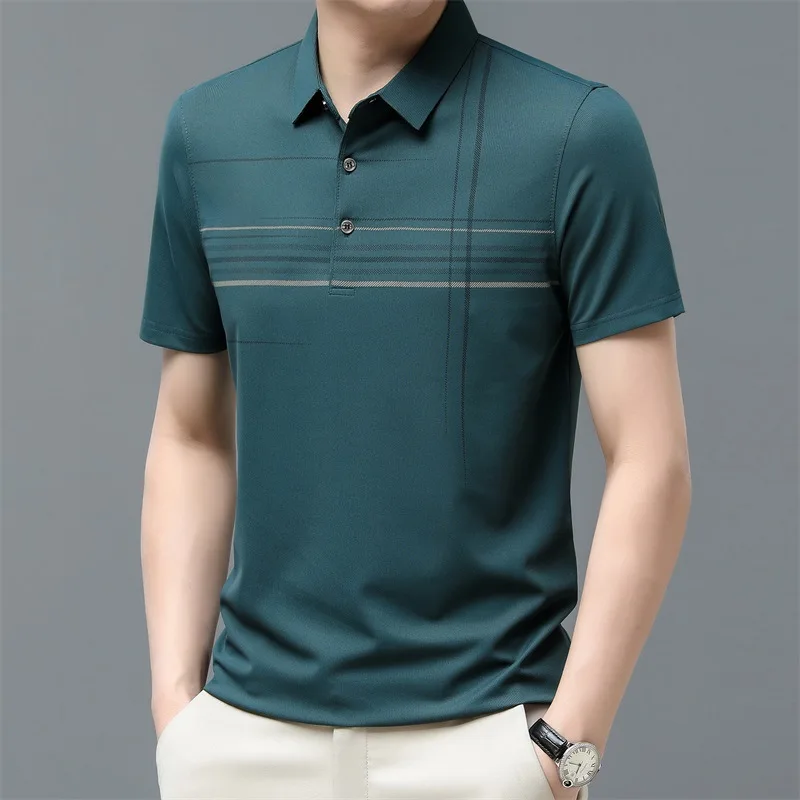 

Мужская футболка с коротким рукавом и отложным воротником, в полоску