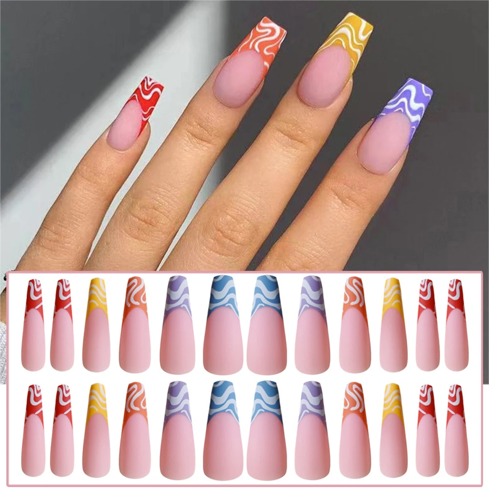 

Hot Sale 2021 Colorful Line Ballet Nail Long Paragraph Fake Nail Save Time Finished Nail Piece False Nails Removable Manicure