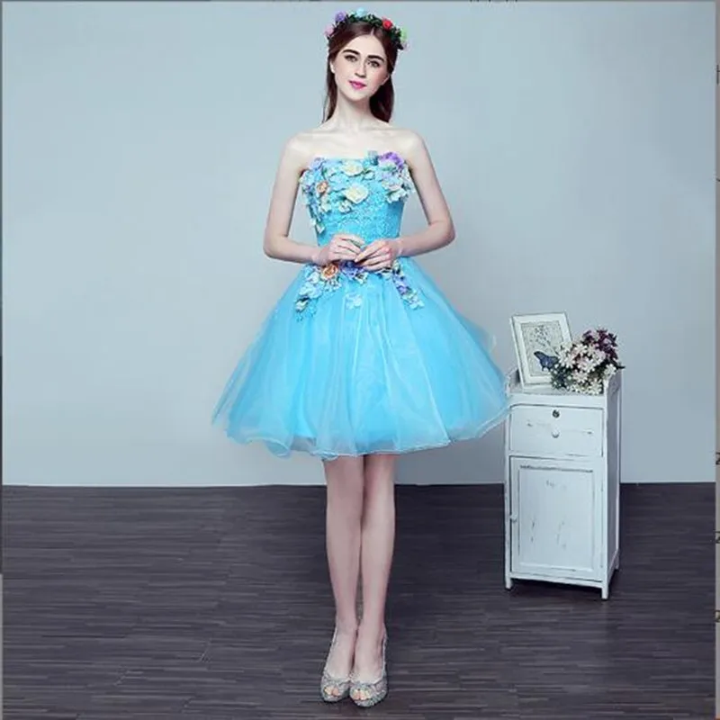 

Short 3D Appliques Homecoming Dresses Formal Lace Up Back Vestido De Noche Sleeveless Girl Party Prom Gown Simple